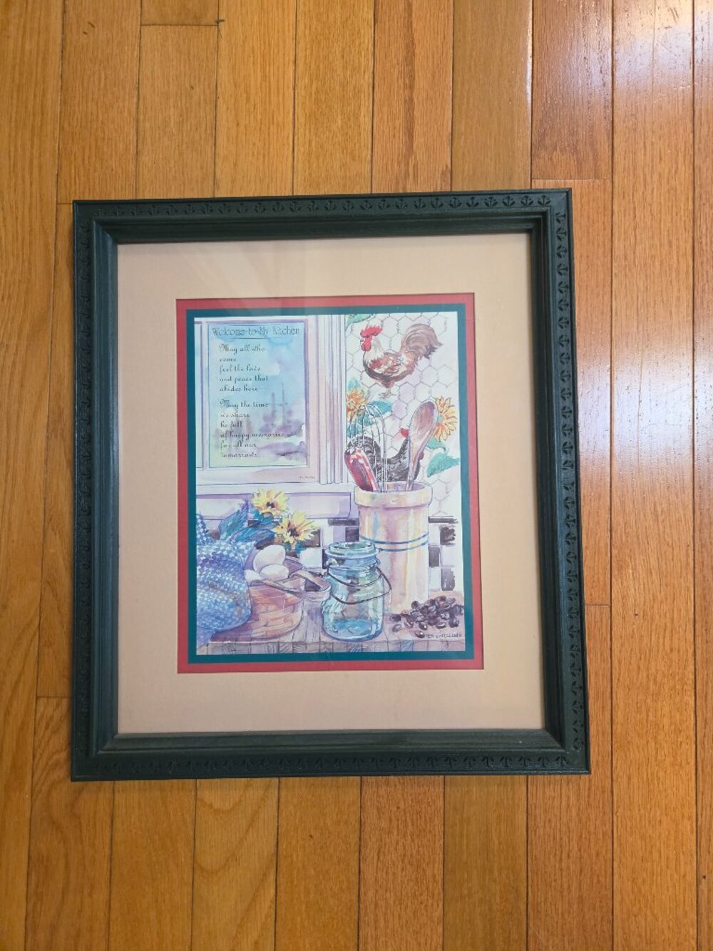 framed country kitchen art with a rooster and welcoming blessing signed
